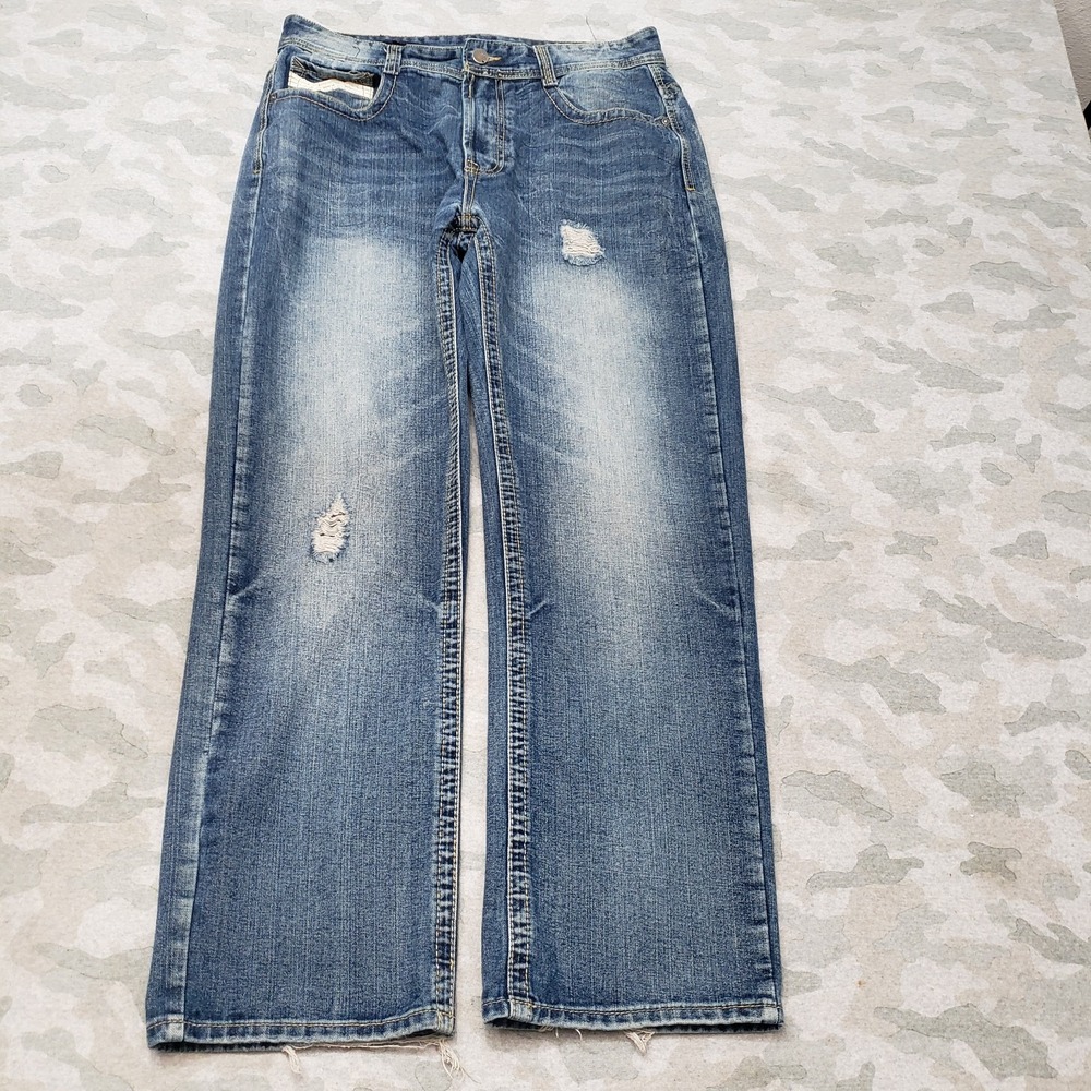 GS-115 Jeans Mens 36 Blue Distressed Relaxed Straight Pockets Denim Medium Wash